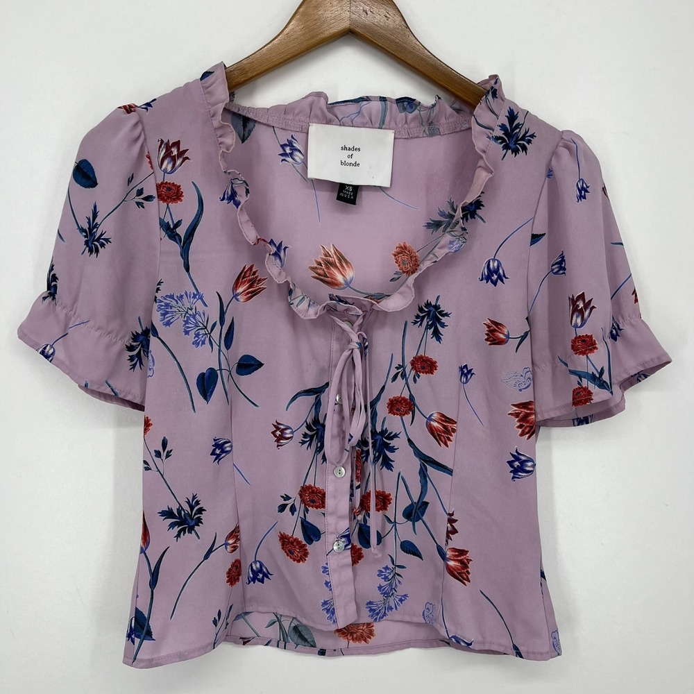 Shades Of Blonde Blouse Women's XS Purple Floral Button Shirt Ruffle Made in USA
